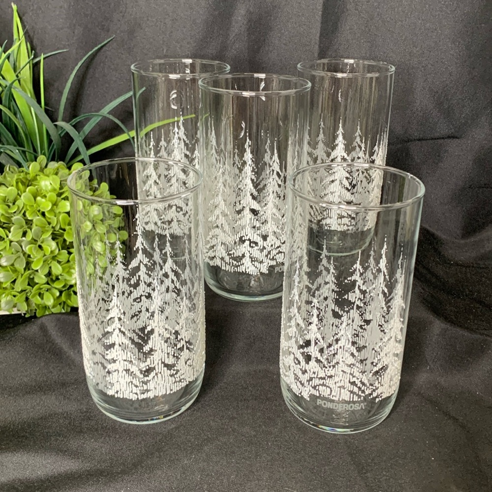 Set of 5 VTG Ponderosa Steak House embossed “Frosted” Pines Glasses / tumblers